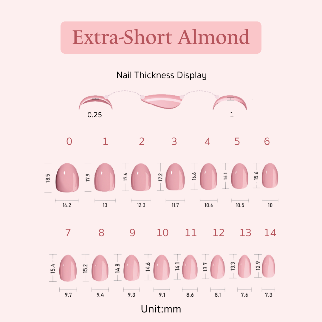 Nail thickness display chart and size guide for extra-short almond press on nails with measurements in millimeters.