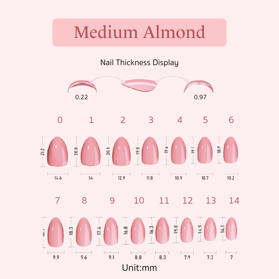 Nail thickness display chart and size guide for medium almond press on nails with measurements in millimeters.