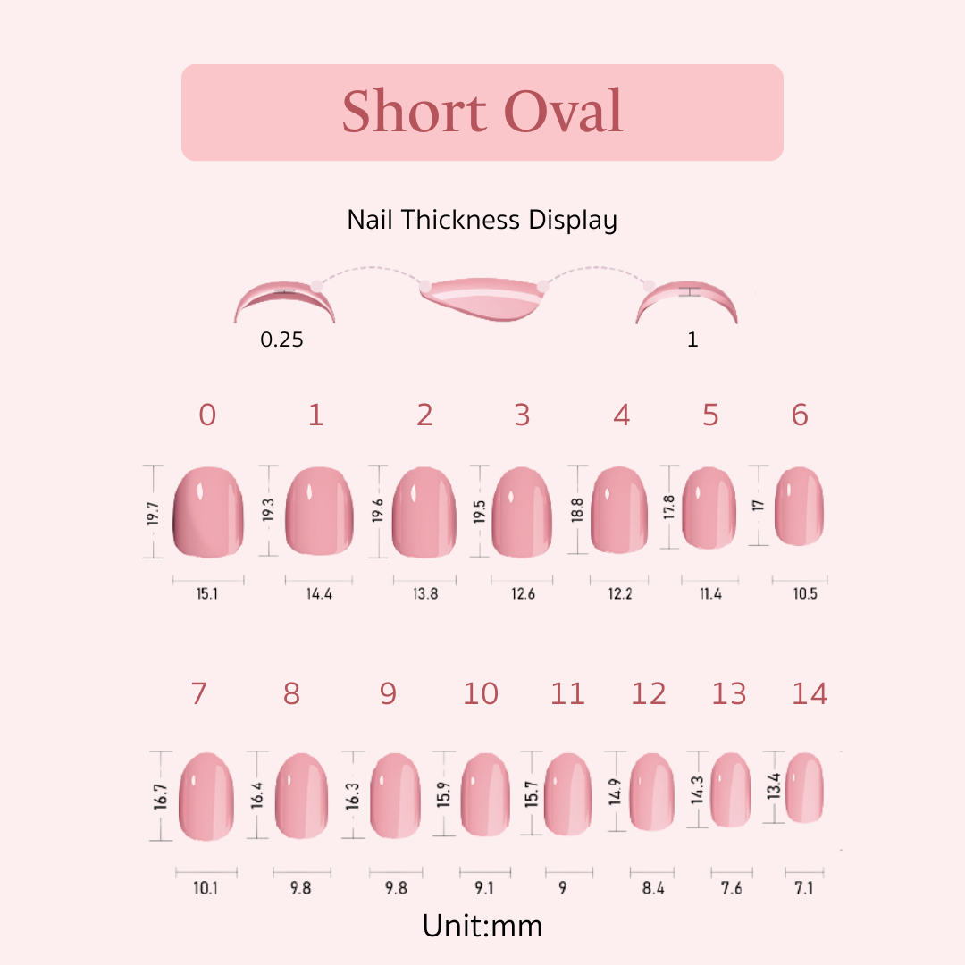 Nail thickness display chart and size guide for short oval press on nails with measurements in millimeters.