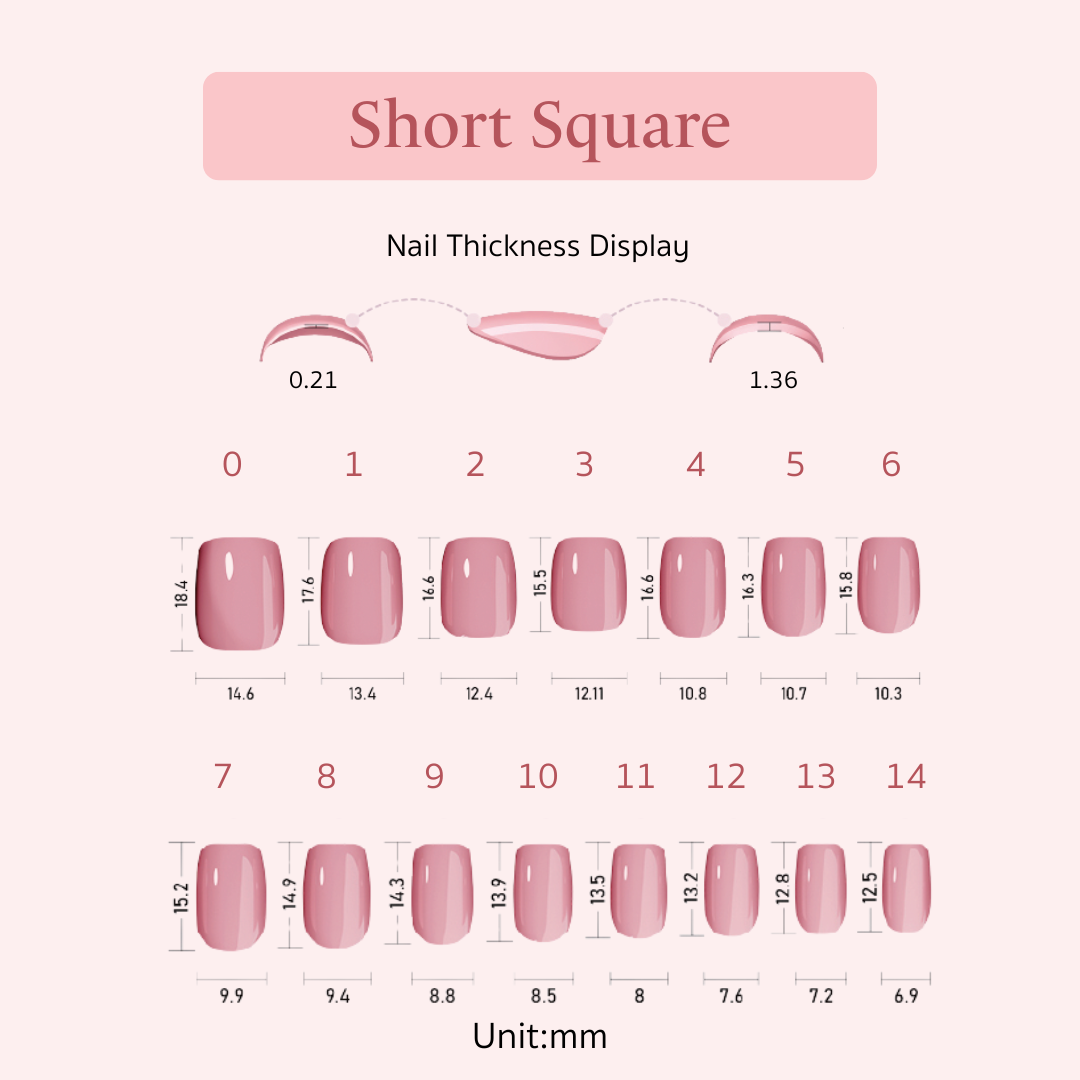 Nail thickness display chart and size guide for short square press on nails with measurements in millimeters.